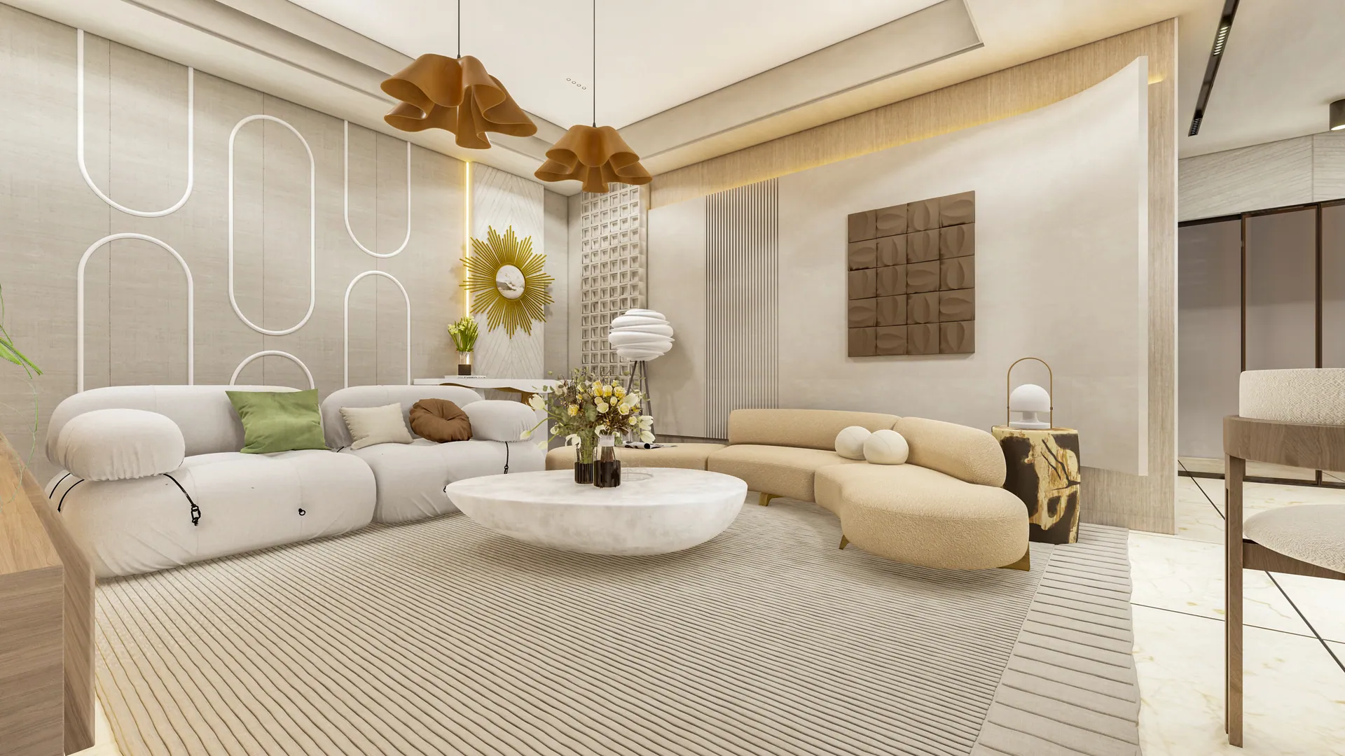 Warm-toned living room of a 3BHK apartment with a curved sofa and pendant lights