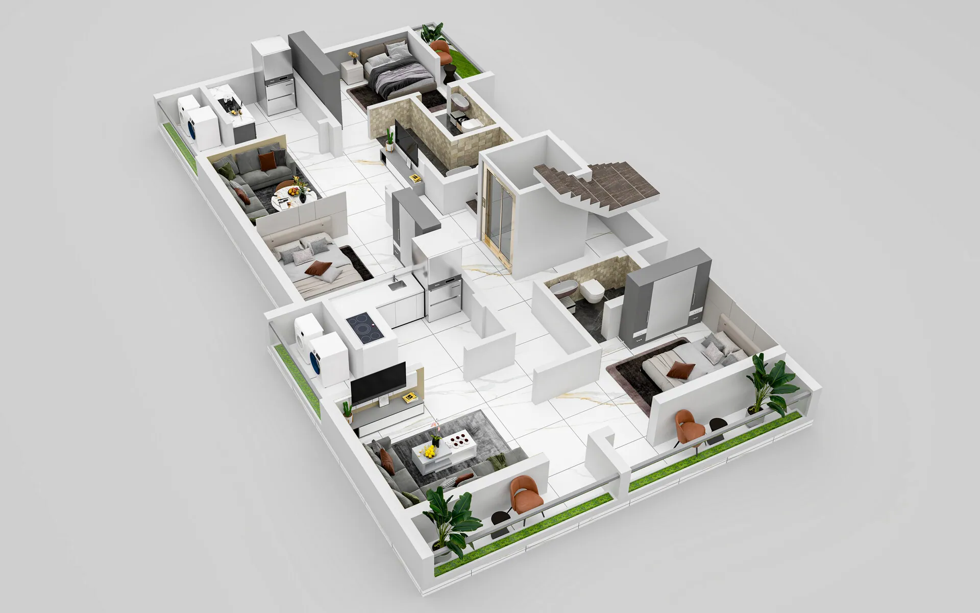 3D cut view of a furnished floor plan with living room, bedrooms and staircase