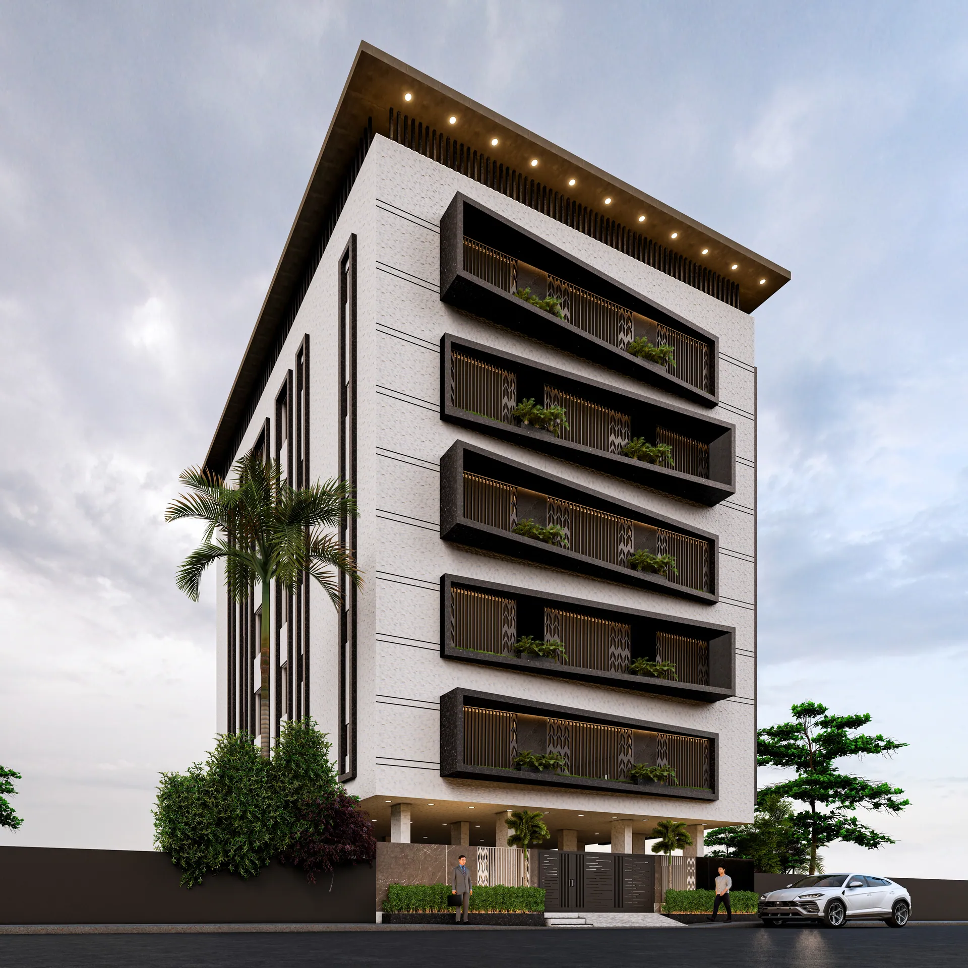 Apartment building with projecting planter balconies