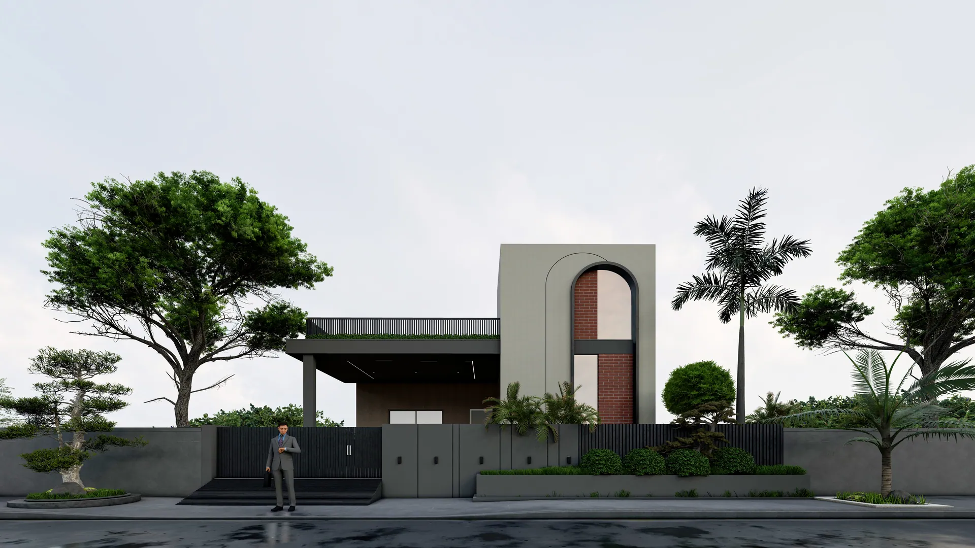 Bungalow with a tall arched feature wall and landscaped front