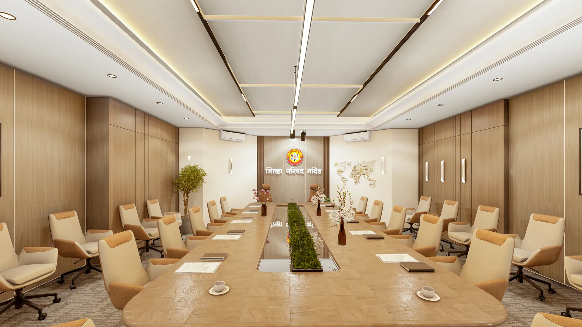 Conference hall with a long timber table, beige chairs and a coffered ceiling