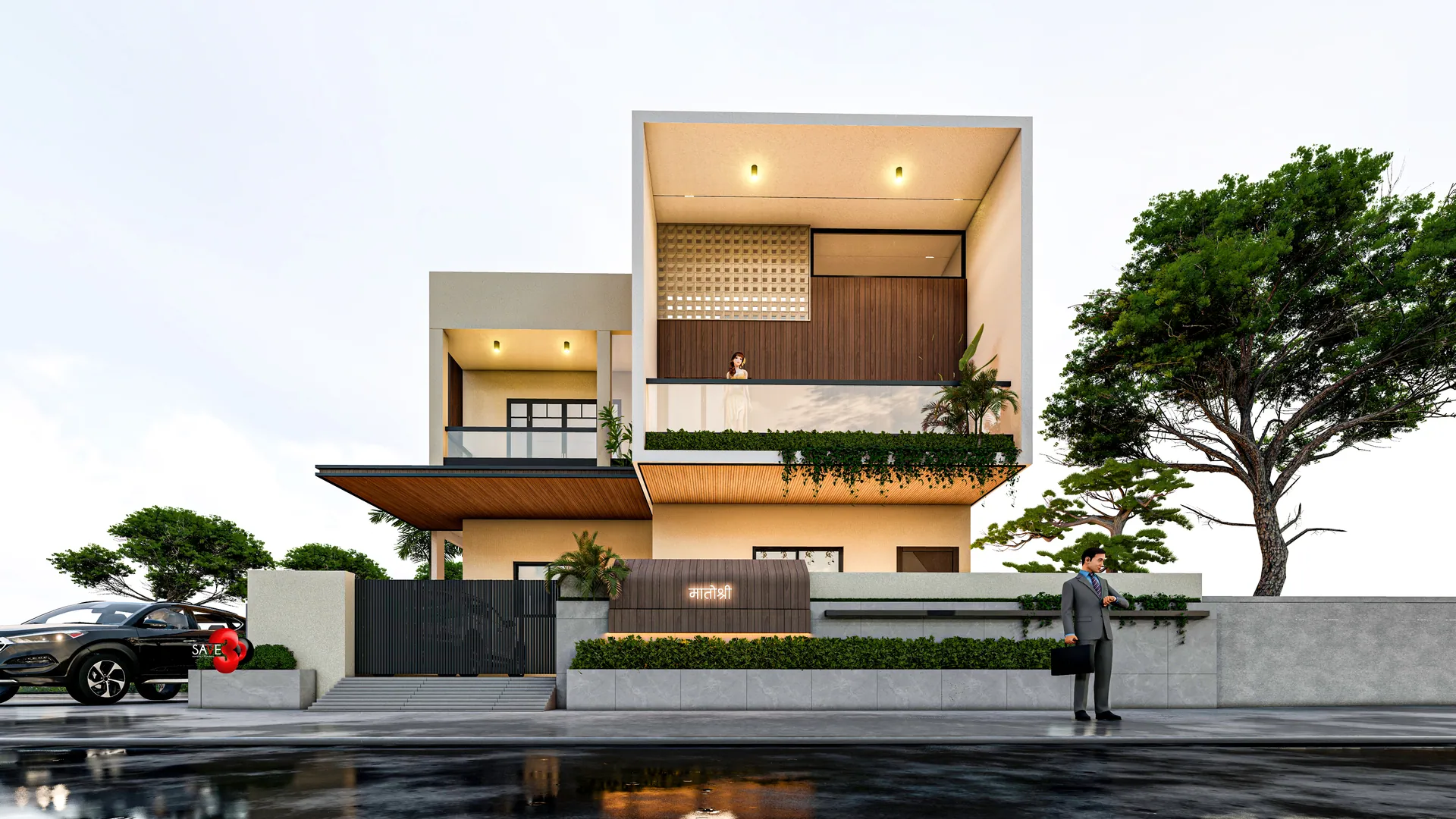Two-storey villa with a white box frame and warm lighting