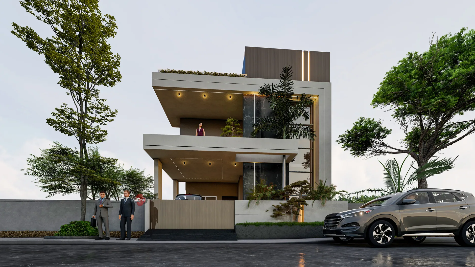 Corner bungalow with a timber-lined balcony and stone base