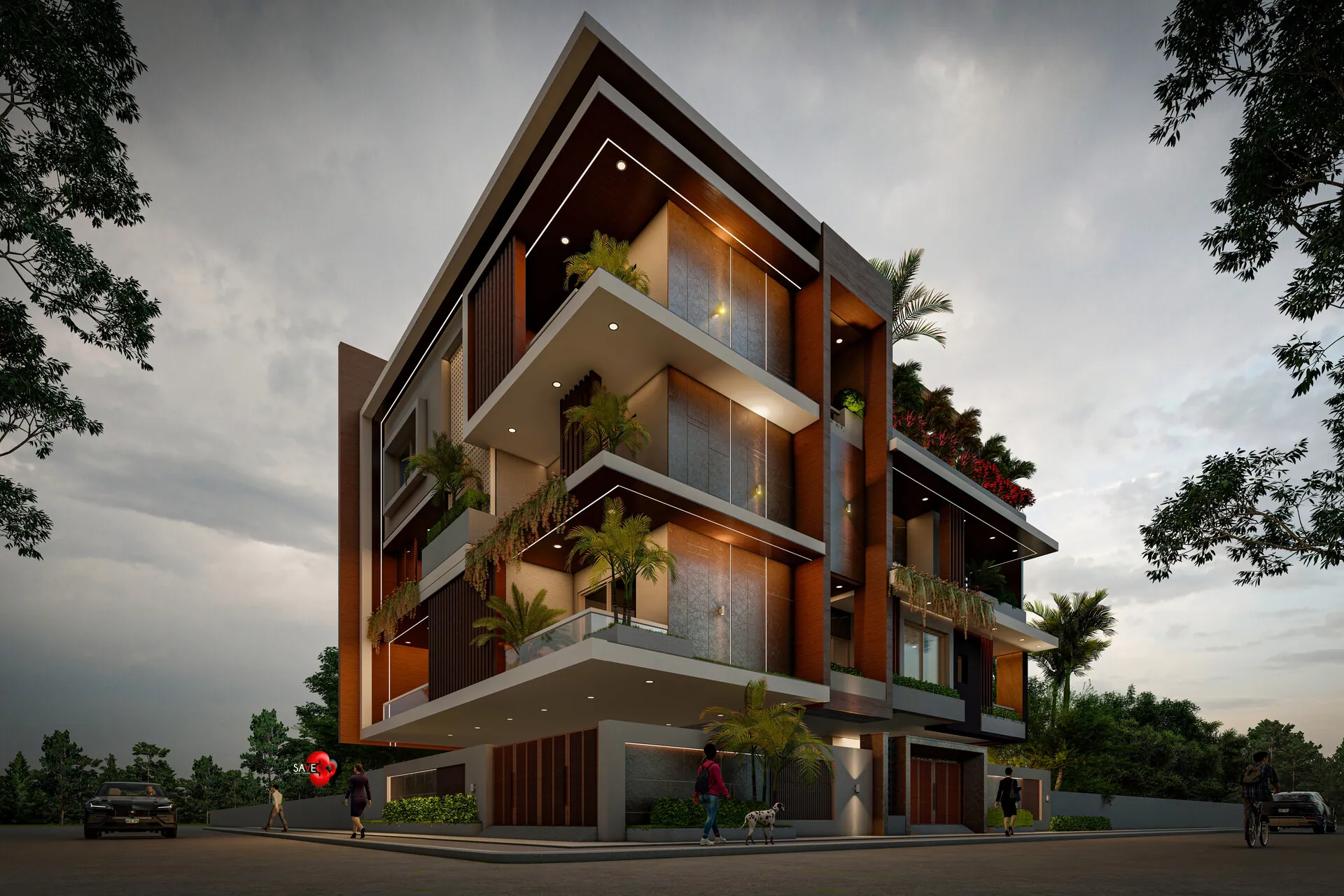 Three-storey corner building with angled timber frames and planted balconies