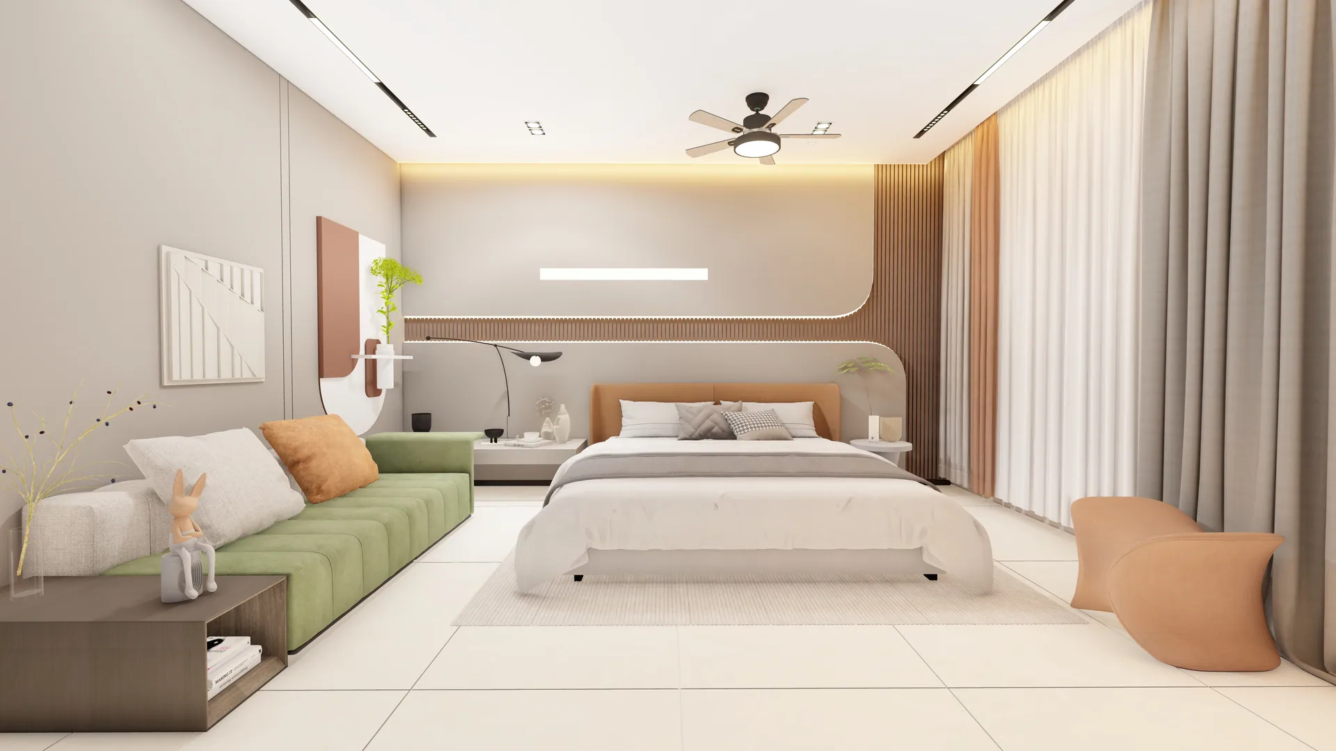 Duplex bedroom with a green sofa, curved headboard wall and soft lighting