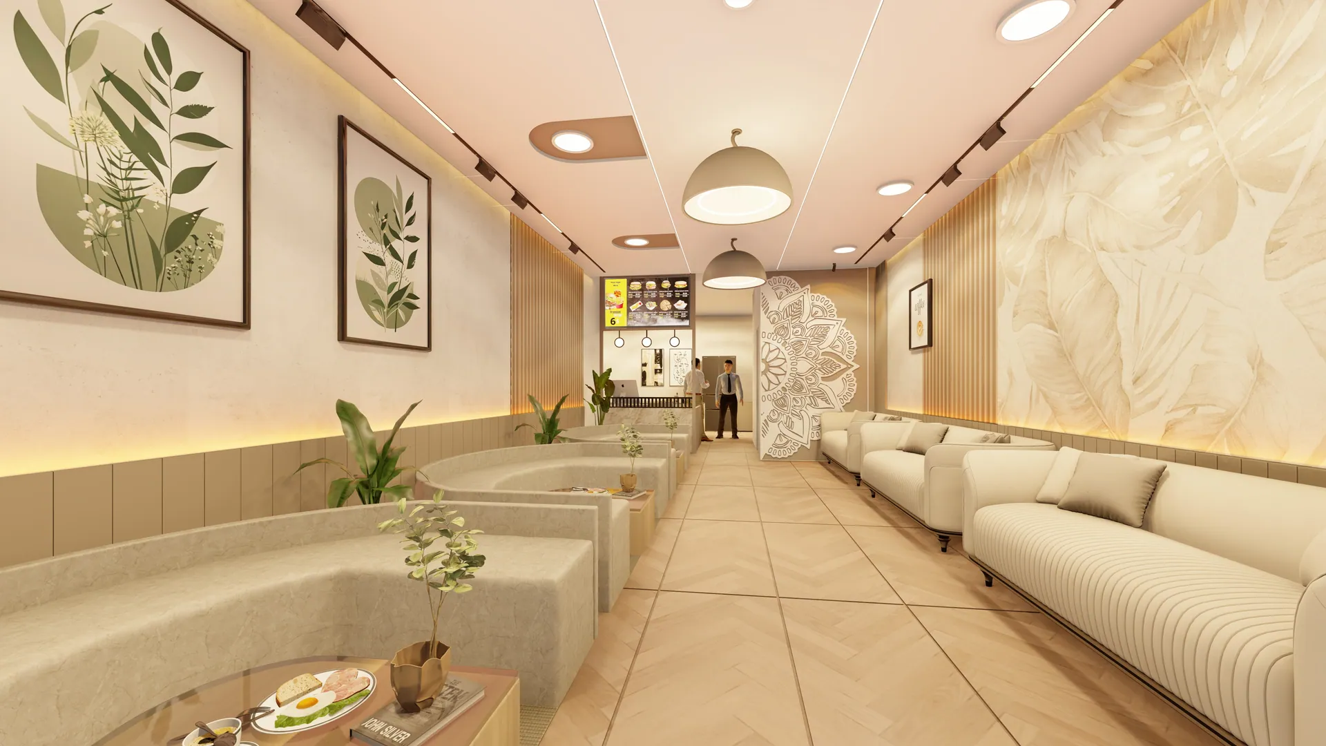 Restaurant dining hall with cream booths, pendant lamps and a marble feature wall