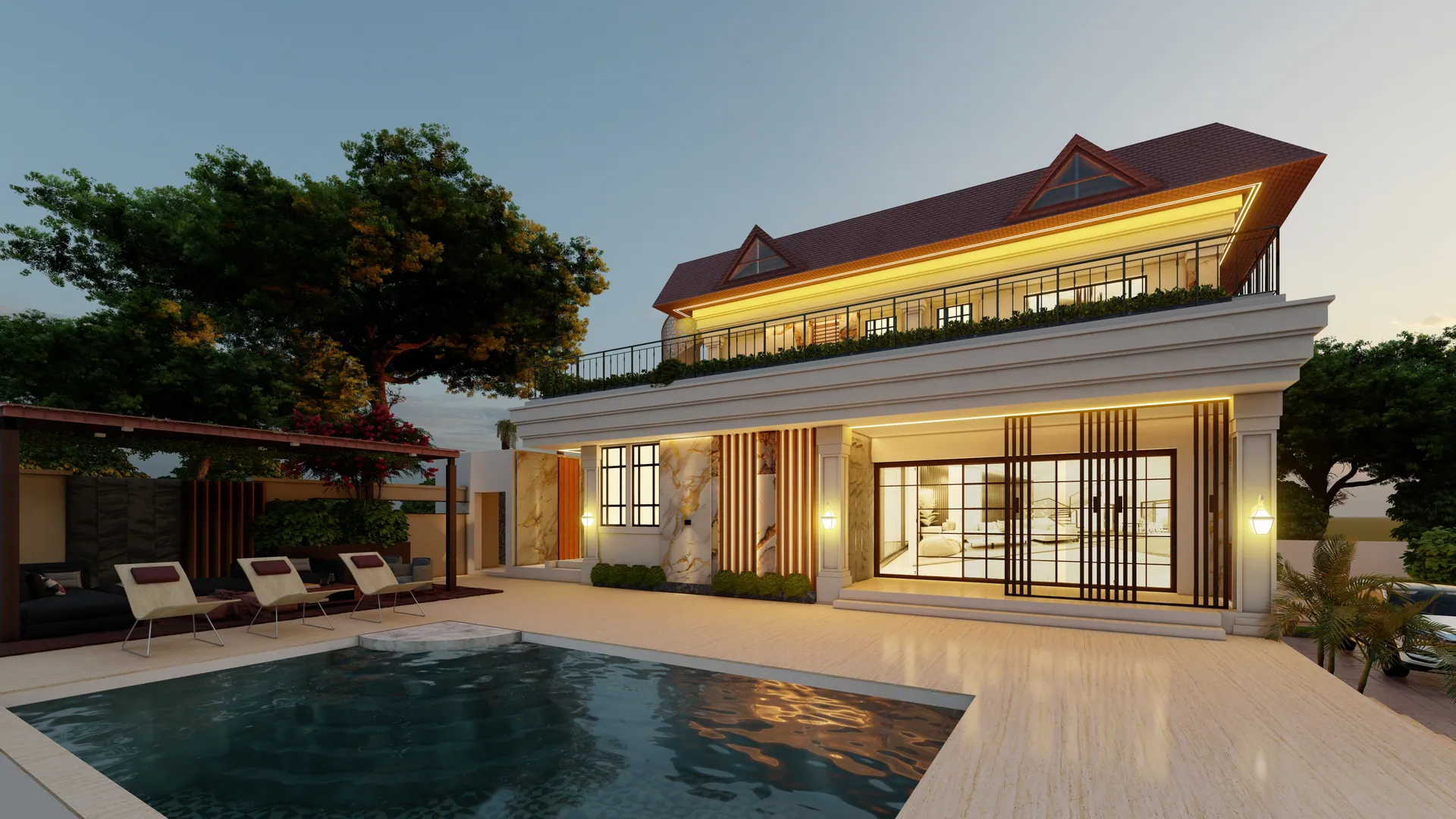 Farmhouse villa with a pitched roof and a lit swimming pool at dusk