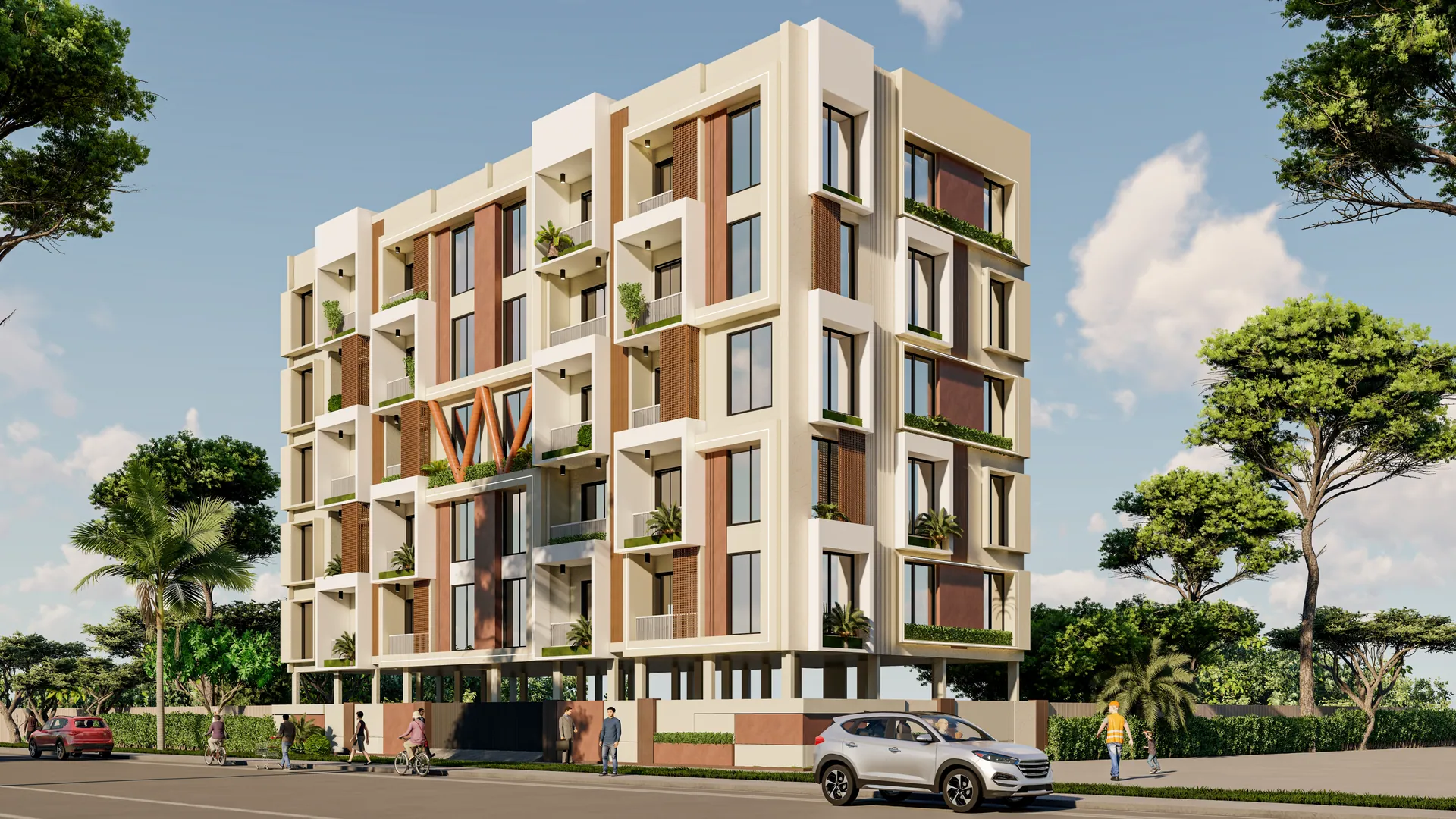 Six-storey apartment building with white frames and planters