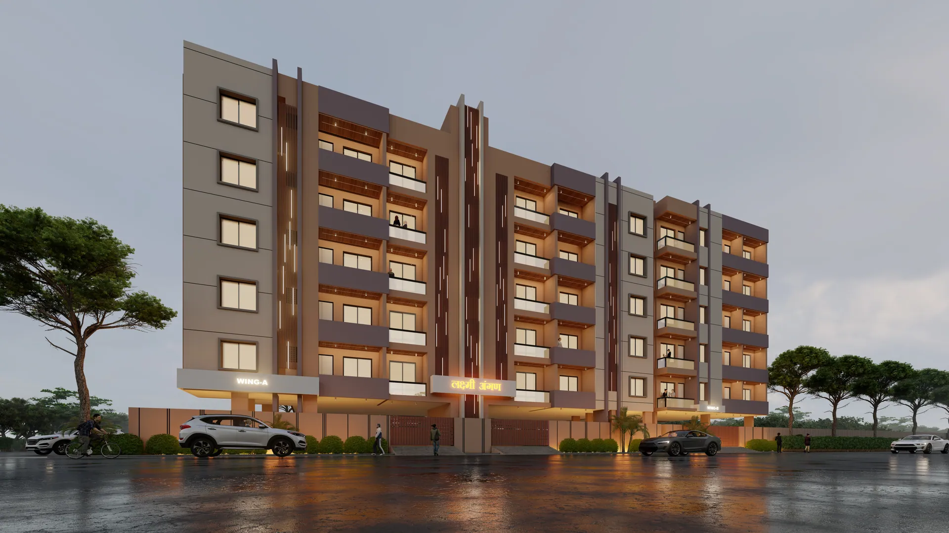 Seven-storey apartment block with warm-lit balconies at dusk
