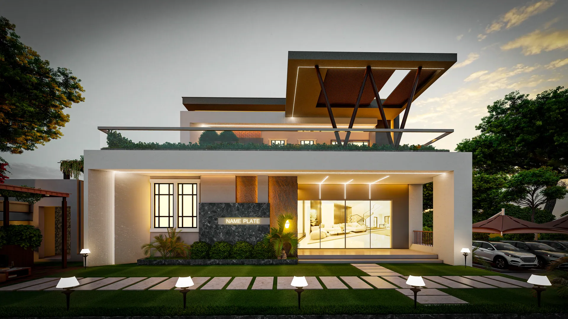 Villa with a cantilevered timber roof and lit entrance at dusk