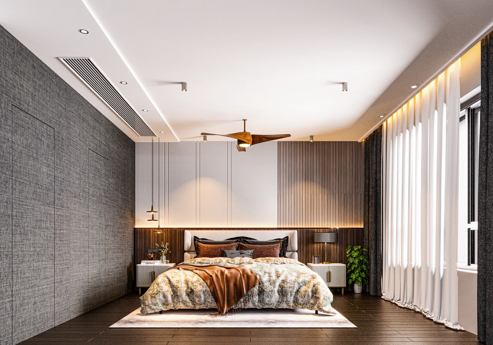 Master bedroom with a padded headboard, cove lighting and a ceiling fan