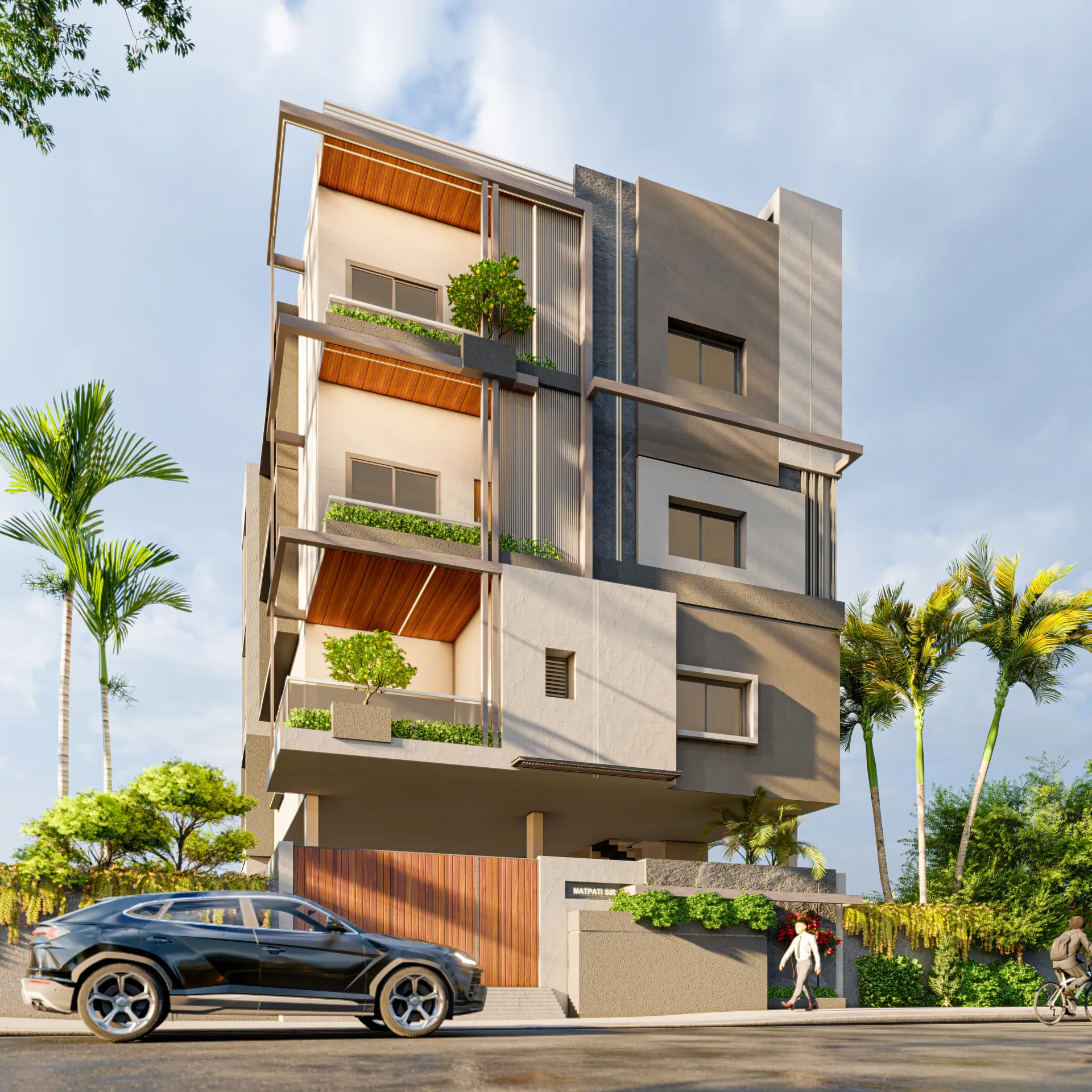 Grey and white residential building with balcony planters