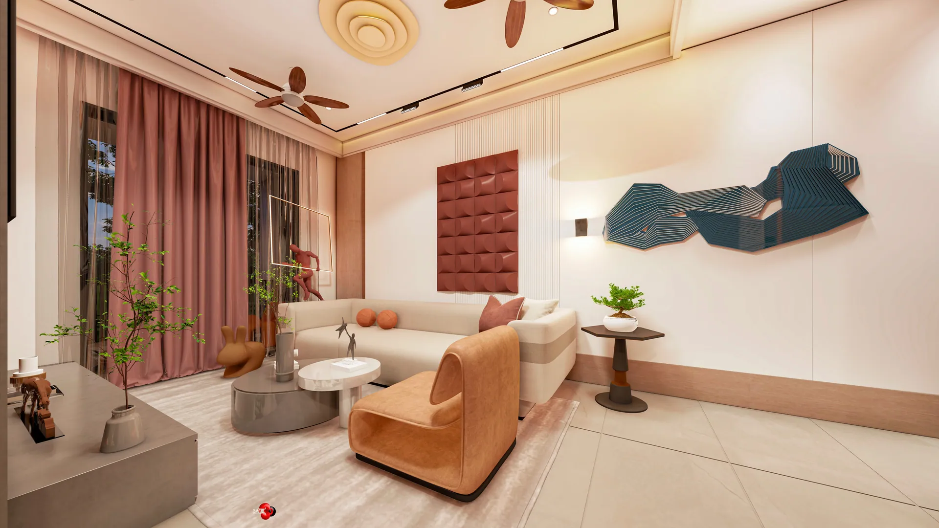 Living room with a rust accent wall, curved sofa and pink curtains