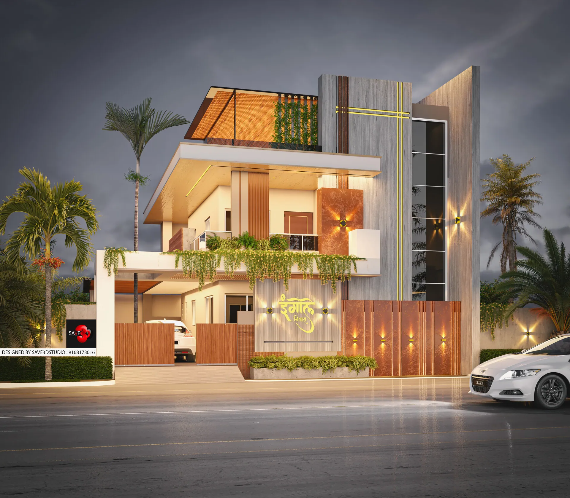 Modern bungalow with a timber-lined upper floor and warm lighting at dusk