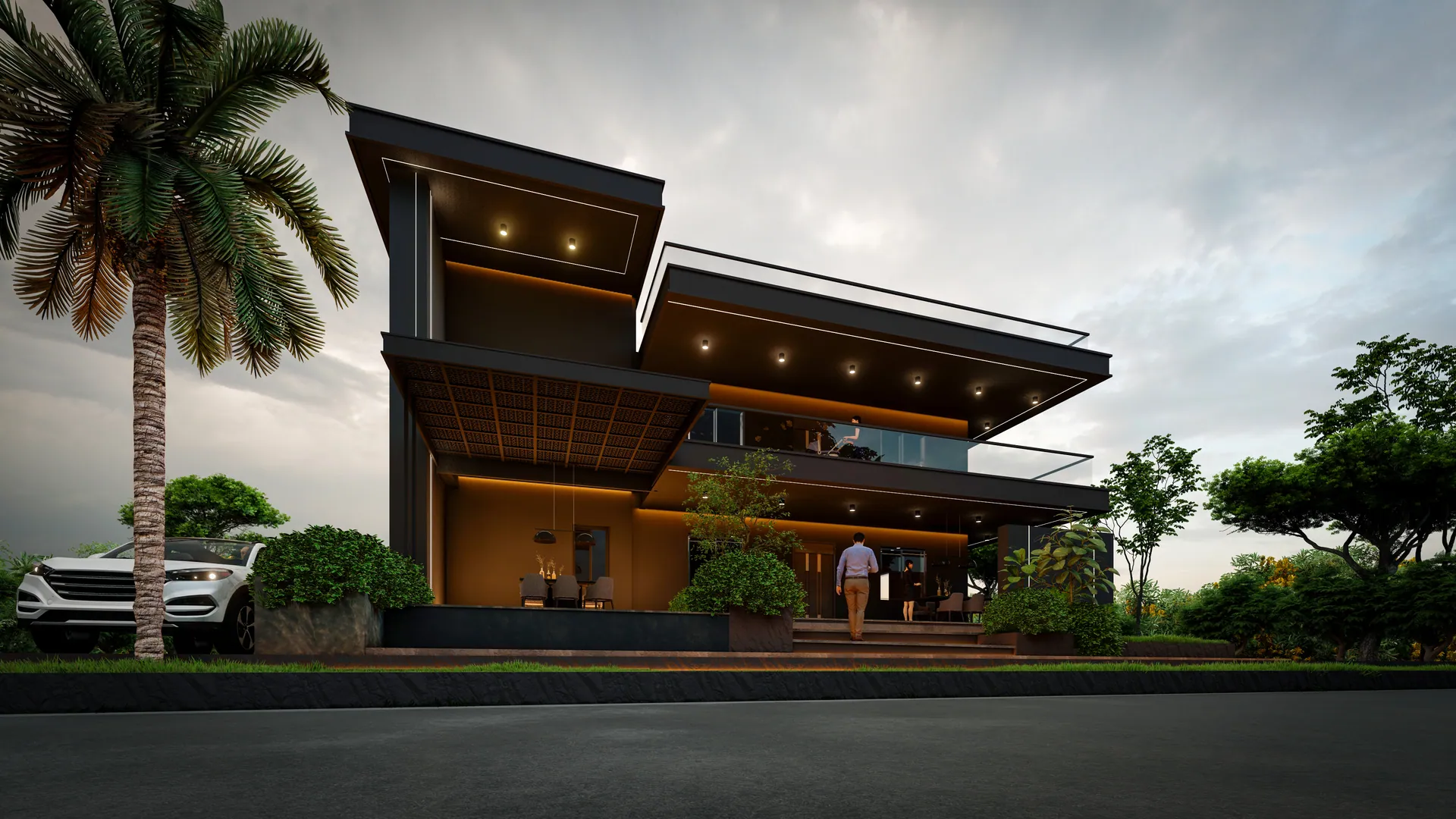 Single-storey farmhouse with a folded roof, timber cladding and landscaped lawn
