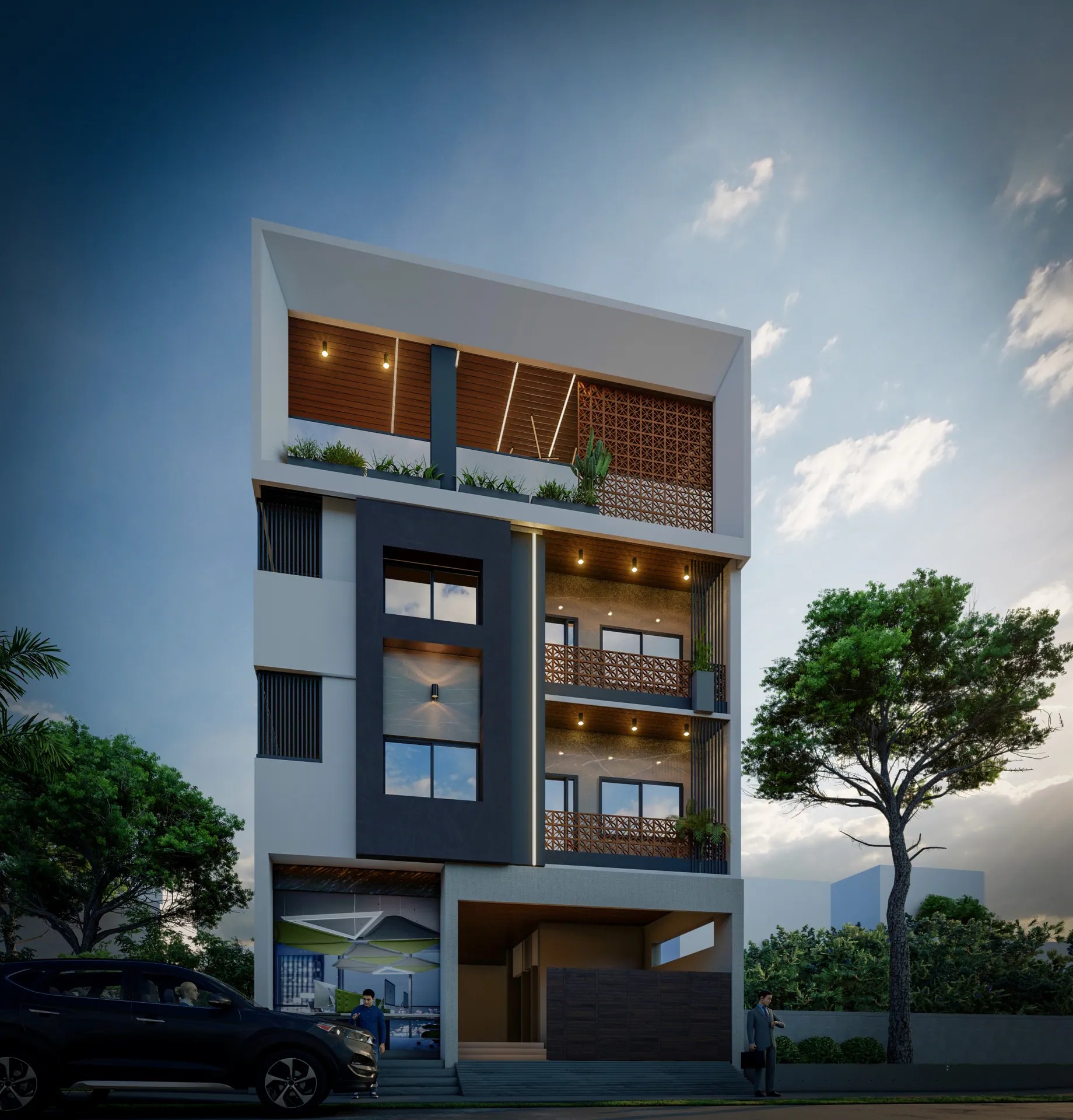 Four-storey residential building with a jaali screen and wooden panels