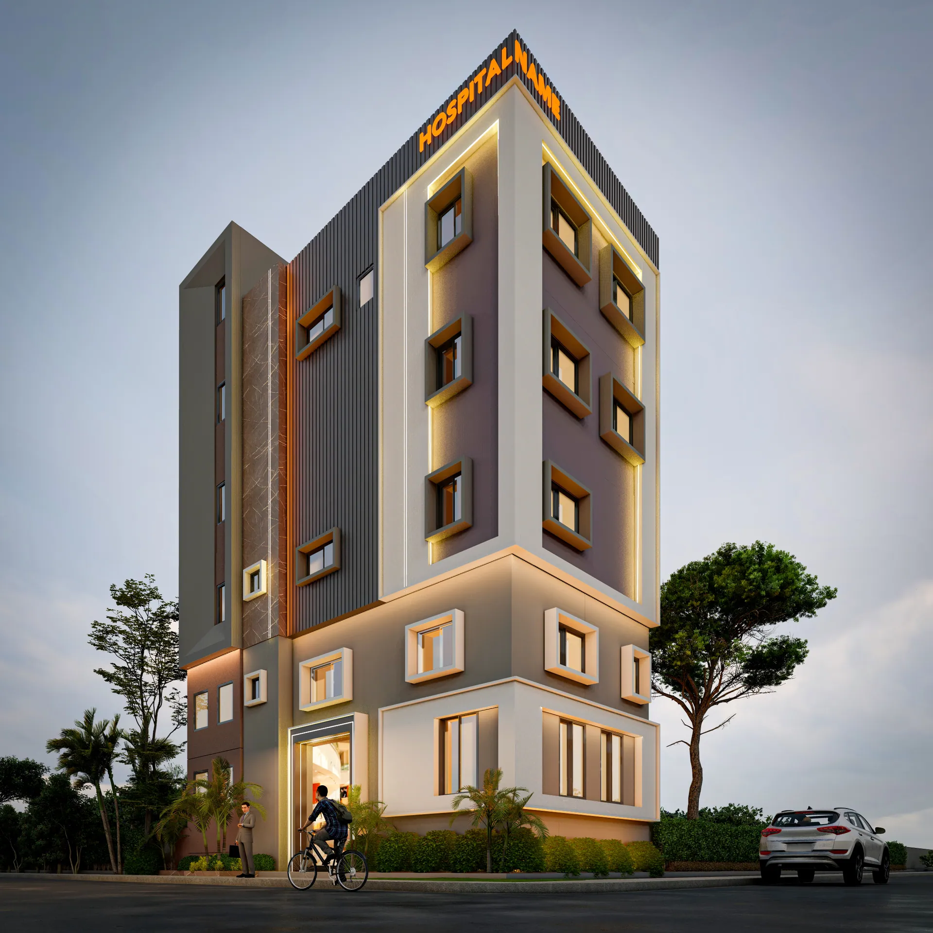 Residential tower with vertical fins at dusk