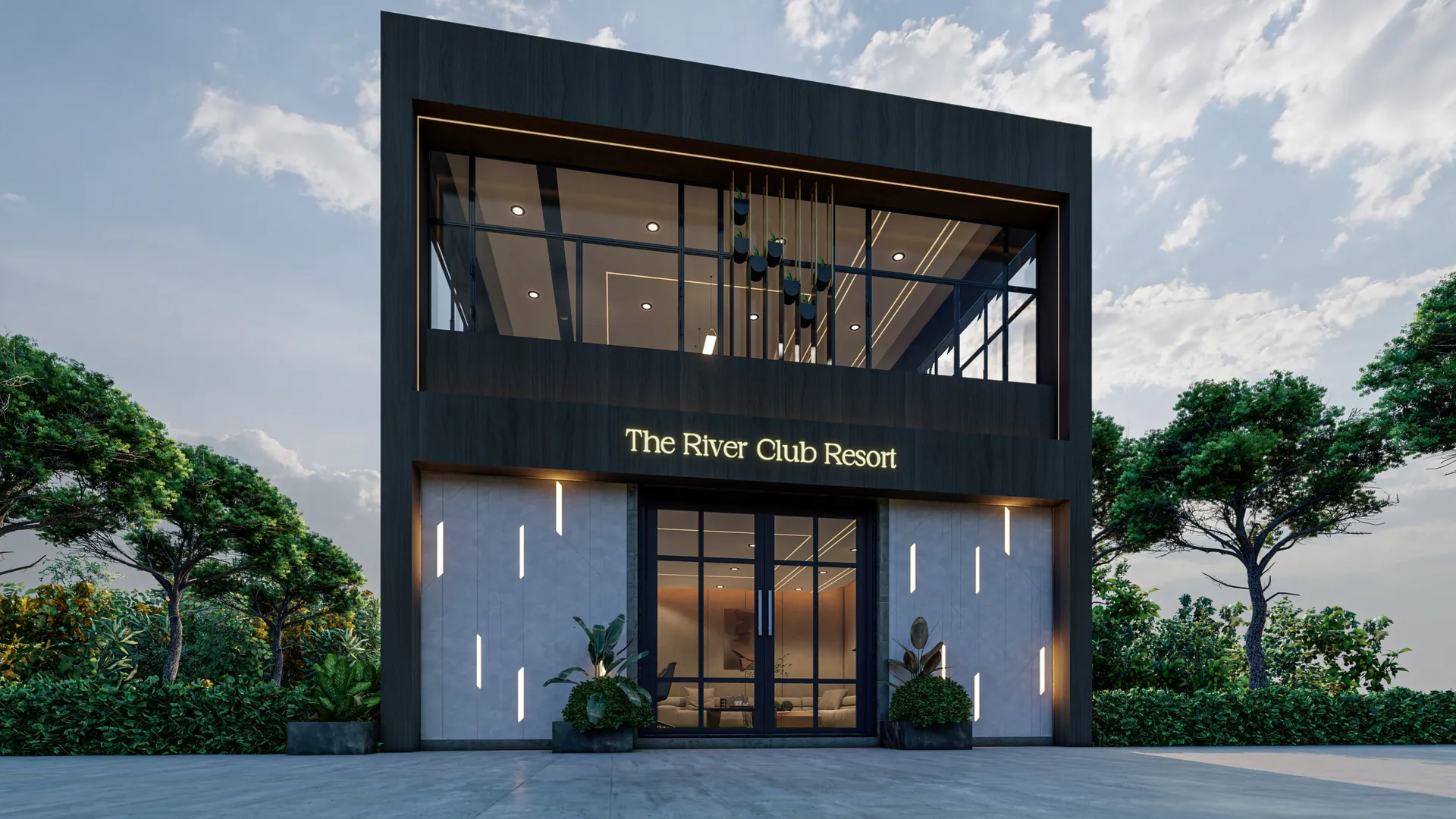 Dark resort entrance facade with a glass front and a lit sign