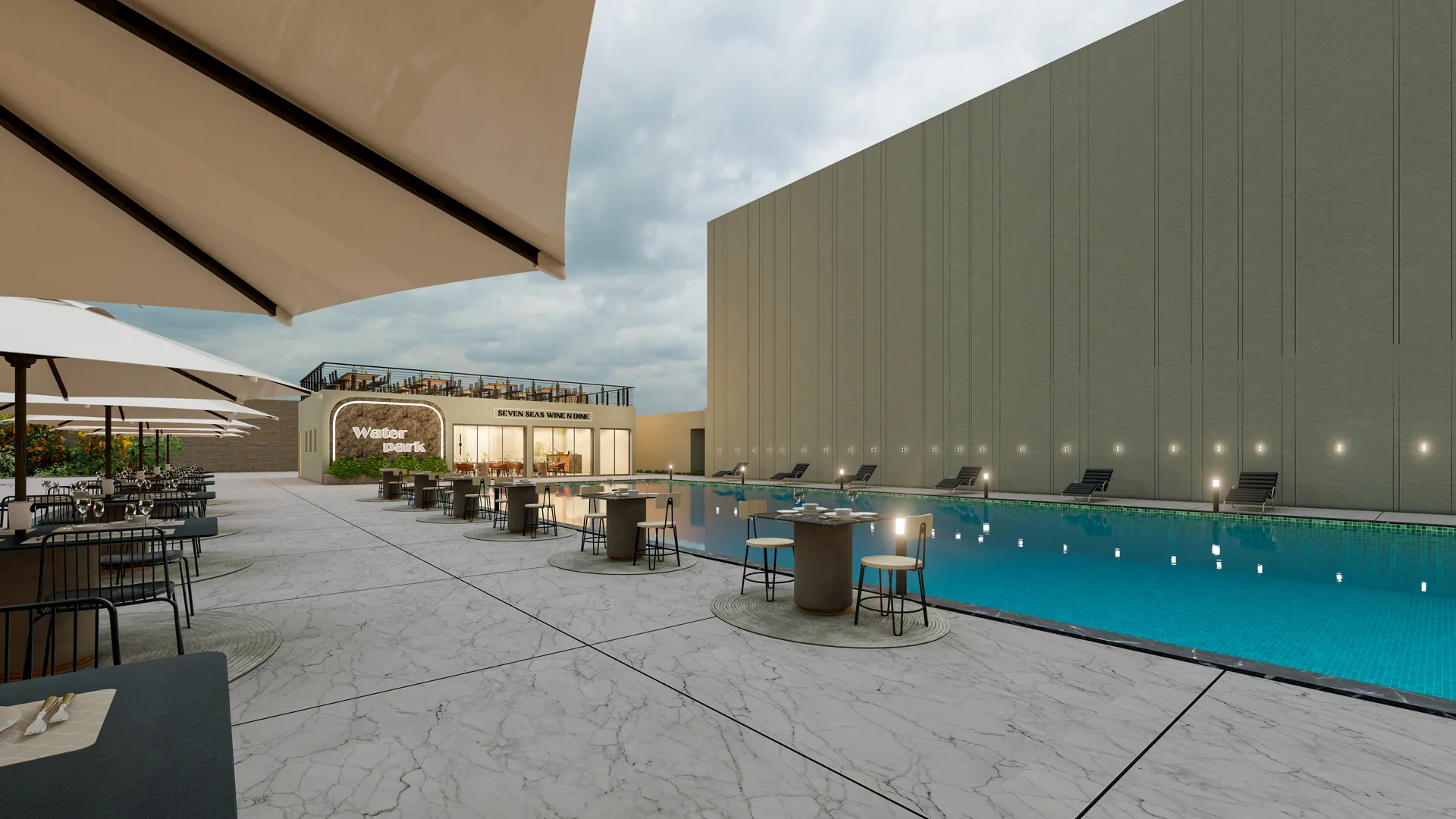 Rooftop swimming pool with umbrellas beside a restaurant