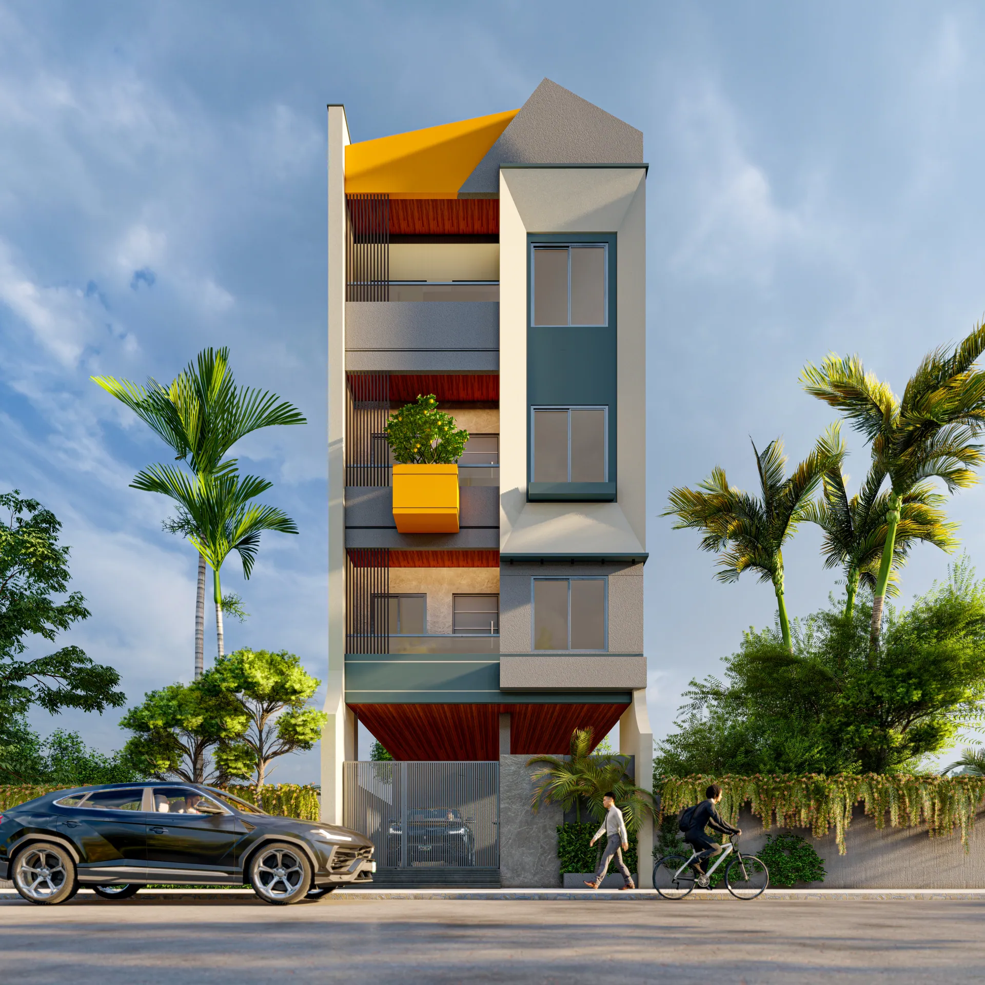 Narrow residential facade with coloured balcony panels