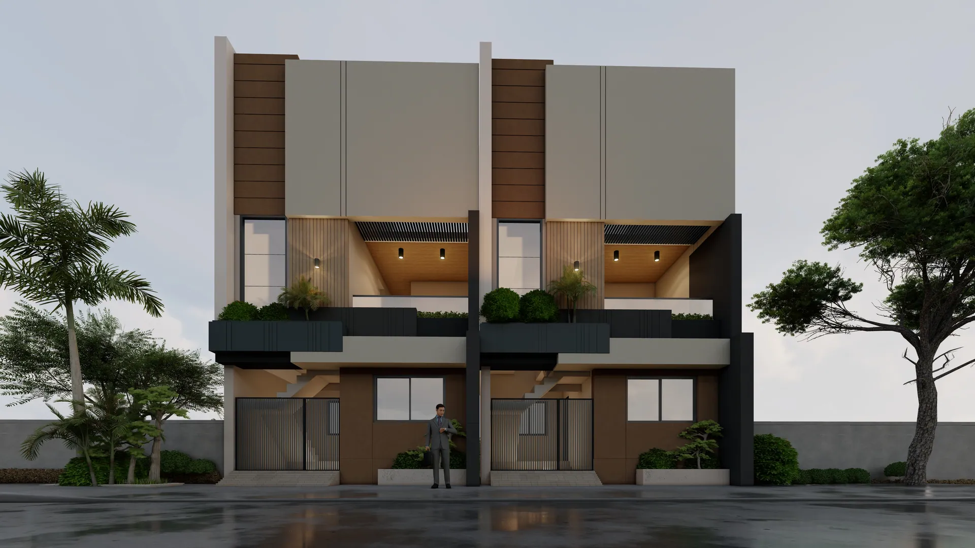 Pair of two-storey row houses with timber panels and front planters