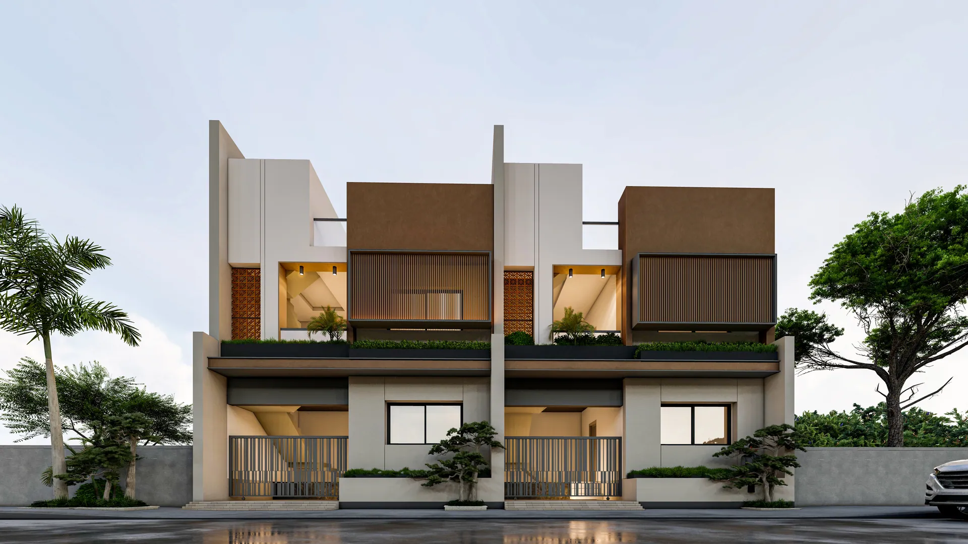 Pair of three-storey villas with timber and white panels